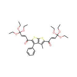 CCOC(/C=C/C(=O)c1sc2sc(C(=O)/C=C/C(OCC)(OCC)OCC)c(-c3ccccc3)c2c1C)(OCC)OCC ZINC000299830960