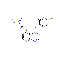 CCOC(=N)c1nc2ccc3ncnc(Nc4ccc(Br)cc4F)c3c2s1 ZINC000207582306