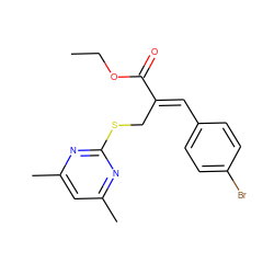 CCOC(=O)/C(=C/c1ccc(Br)cc1)CSc1nc(C)cc(C)n1 ZINC000169308084