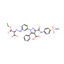 CCOC(=O)/C(=N/Nc1cccc(-n2nc(C(=O)Nc3ccc(S(N)(=O)=O)cc3)c(C(=O)O)c2-c2ccccc2)c1)C(C)=O ZINC000095595432