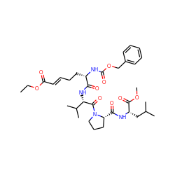 CCOC(=O)/C=C/CC[C@H](NC(=O)OCc1ccccc1)C(=O)N[C@H](C(=O)N1CCC[C@H]1C(=O)N[C@@H](CC(C)C)C(=O)OC)C(C)C ZINC000150596768