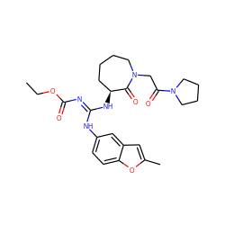 CCOC(=O)/N=C(\Nc1ccc2oc(C)cc2c1)N[C@H]1CCCCN(CC(=O)N2CCCC2)C1=O ZINC000045253450