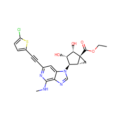 CCOC(=O)[C@@]12C[C@@H]1[C@@H](n1cnc3c(NC)nc(C#Cc4ccc(Cl)s4)cc31)[C@H](O)[C@@H]2O ZINC001772637254