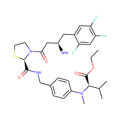 CCOC(=O)[C@@H](C(C)C)N(C)c1ccc(CNC(=O)[C@H]2SCCN2C(=O)C[C@H](N)Cc2cc(F)c(F)cc2F)cc1 ZINC000066098269