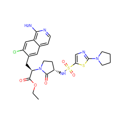 CCOC(=O)[C@@H](Cc1cc2ccnc(N)c2cc1Cl)N1CC[C@H](NS(=O)(=O)c2cnc(N3CCCC3)s2)C1=O ZINC000142606564