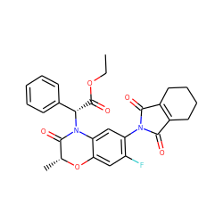 CCOC(=O)[C@@H](c1ccccc1)N1C(=O)[C@@H](C)Oc2cc(F)c(N3C(=O)C4=C(CCCC4)C3=O)cc21 ZINC000045299512