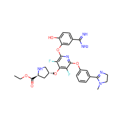 CCOC(=O)[C@@H]1C[C@@H](Oc2c(F)c(Oc3cccc(C4=NCCN4C)c3)nc(Oc3cc(C(=N)N)ccc3O)c2F)CN1 ZINC000027106256