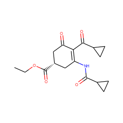 CCOC(=O)[C@@H]1CC(=O)C(C(=O)C2CC2)=C(NC(=O)C2CC2)C1 ZINC000013488253