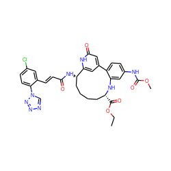 CCOC(=O)[C@@H]1CCCC[C@H](NC(=O)/C=C/c2cc(Cl)ccc2-n2cnnn2)c2cc(cc(=O)[nH]2)-c2ccc(NC(=O)OC)cc2N1 ZINC000205372178