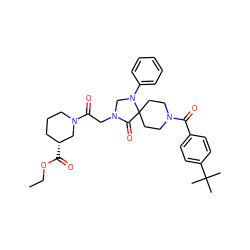 CCOC(=O)[C@@H]1CCCN(C(=O)CN2CN(c3ccccc3)C3(CCN(C(=O)c4ccc(C(C)(C)C)cc4)CC3)C2=O)C1 ZINC000066259426