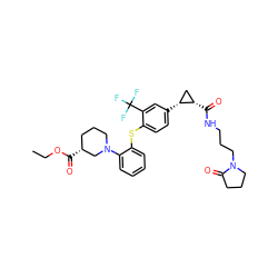 CCOC(=O)[C@@H]1CCCN(c2ccccc2Sc2ccc([C@@H]3C[C@@H]3C(=O)NCCCN3CCCC3=O)cc2C(F)(F)F)C1 ZINC000028098344