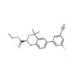 CCOC(=O)[C@@H]1Nc2ccc(-c3cc(F)cc(C#N)c3)cc2C(C)(C)O1 ZINC000013439620