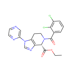 CCOC(=O)[C@@H]1c2ncn(-c3cnccn3)c2CCN1C(=O)c1cccc(Cl)c1Cl ZINC000218359293