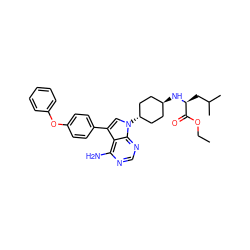 CCOC(=O)[C@H](CC(C)C)N[C@H]1CC[C@H](n2cc(-c3ccc(Oc4ccccc4)cc3)c3c(N)ncnc32)CC1 ZINC001772594380