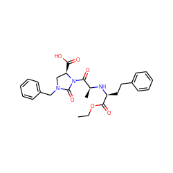 CCOC(=O)[C@H](CCc1ccccc1)N[C@@H](C)C(=O)N1C(=O)N(Cc2ccccc2)C[C@H]1C(=O)O ZINC000026752033