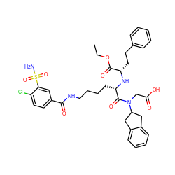 CCOC(=O)[C@H](CCc1ccccc1)N[C@@H](CCCCNC(=O)c1ccc(Cl)c(S(N)(=O)=O)c1)C(=O)N(CC(=O)O)C1Cc2ccccc2C1 ZINC000029345512