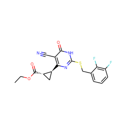 CCOC(=O)[C@H]1C[C@@H]1c1nc(SCc2cccc(F)c2F)[nH]c(=O)c1C#N ZINC000147304656