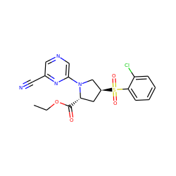 CCOC(=O)[C@H]1C[C@H](S(=O)(=O)c2ccccc2Cl)CN1c1cncc(C#N)n1 ZINC000143210107