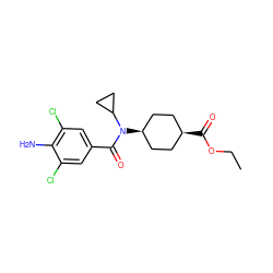 CCOC(=O)[C@H]1CC[C@@H](N(C(=O)c2cc(Cl)c(N)c(Cl)c2)C2CC2)CC1 ZINC000253951945