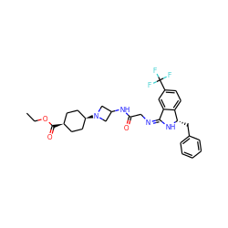 CCOC(=O)[C@H]1CC[C@@H](N2CC(NC(=O)C/N=C3/N[C@@H](Cc4ccccc4)c4ccc(C(F)(F)F)cc43)C2)CC1 ZINC000261140404