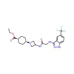 CCOC(=O)[C@H]1CC[C@@H](N2CC(NC(=O)CNc3n[nH]c4ccc(C(F)(F)F)cc34)C2)CC1 ZINC000261077972