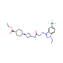 CCOC(=O)[C@H]1CC[C@@H](N2CC(NC(=O)CNc3nn(CC)c4ccc(C(F)(F)F)cc34)C2)CC1 ZINC000253804891