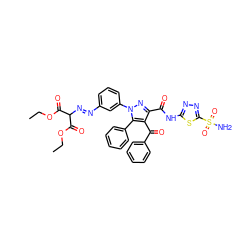 CCOC(=O)C(/N=N/c1cccc(-n2nc(C(=O)Nc3nnc(S(N)(=O)=O)s3)c(C(=O)c3ccccc3)c2-c2ccccc2)c1)C(=O)OCC ZINC000049888909