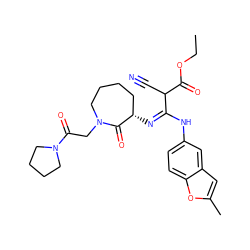 CCOC(=O)C(C#N)/C(=N\[C@H]1CCCCN(CC(=O)N2CCCC2)C1=O)Nc1ccc2oc(C)cc2c1 ZINC000101030030