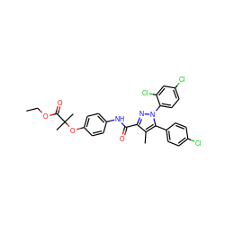 CCOC(=O)C(C)(C)Oc1ccc(NC(=O)c2nn(-c3ccc(Cl)cc3Cl)c(-c3ccc(Cl)cc3)c2C)cc1 ZINC000084632739