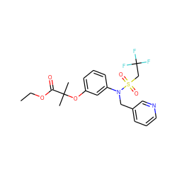 CCOC(=O)C(C)(C)Oc1cccc(N(Cc2cccnc2)S(=O)(=O)CC(F)(F)F)c1 ZINC000026849623