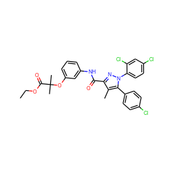 CCOC(=O)C(C)(C)Oc1cccc(NC(=O)c2nn(-c3ccc(Cl)cc3Cl)c(-c3ccc(Cl)cc3)c2C)c1 ZINC000084632249