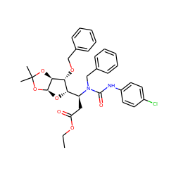 CCOC(=O)C[C@@H]([C@@H]1O[C@H]2OC(C)(C)O[C@H]2[C@@H]1OCc1ccccc1)N(Cc1ccccc1)C(=O)Nc1ccc(Cl)cc1 ZINC000014979663