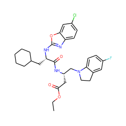 CCOC(=O)C[C@@H](CN1CCc2cc(F)ccc21)NC(=O)[C@H](CC1CCCCC1)Nc1nc2ccc(Cl)cc2o1 ZINC000006718426