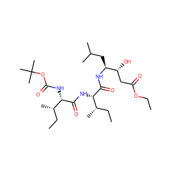 CCOC(=O)C[C@@H](O)[C@H](CC(C)C)NC(=O)[C@@H](NC(=O)[C@@H](NC(=O)OC(C)(C)C)[C@@H](C)CC)[C@@H](C)CC ZINC000027526411