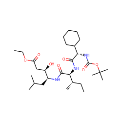 CCOC(=O)C[C@@H](O)[C@H](CC(C)C)NC(=O)[C@@H](NC(=O)[C@@H](NC(=O)OC(C)(C)C)C1CCCCC1)[C@@H](C)CC ZINC000027526546