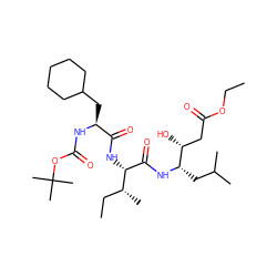 CCOC(=O)C[C@@H](O)[C@H](CC(C)C)NC(=O)[C@@H](NC(=O)[C@H](CC1CCCCC1)NC(=O)OC(C)(C)C)[C@H](C)CC ZINC000027527255