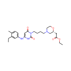 CCOC(=O)C[C@@H]1CN(CCCCn2c(=O)cc(Nc3ccc(C)c(CC)c3)[nH]c2=O)CCO1 ZINC000013522423