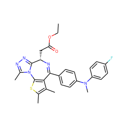 CCOC(=O)C[C@@H]1N=C(c2ccc(N(C)c3ccc(F)cc3)cc2)c2c(sc(C)c2C)-n2c(C)nnc21 ZINC000034836798