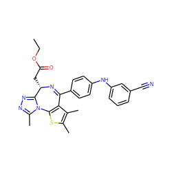 CCOC(=O)C[C@@H]1N=C(c2ccc(Nc3cccc(C#N)c3)cc2)c2c(sc(C)c2C)-n2c(C)nnc21 ZINC001772649694