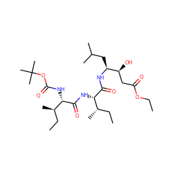 CCOC(=O)C[C@H](O)[C@H](CC(C)C)NC(=O)[C@@H](NC(=O)[C@@H](NC(=O)OC(C)(C)C)[C@H](C)CC)[C@@H](C)CC ZINC000027526419