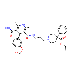 CCOC(=O)C1(c2ccccc2)CCN(CCCNC(=O)C2=C(C)NC(C)=C(C(N)=O)[C@@H]2c2ccc3c(c2)OCO3)CC1 ZINC000027563283