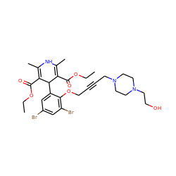 CCOC(=O)C1=C(C)NC(C)=C(C(=O)OCC)C1c1cc(Br)cc(Br)c1OCC#CCN1CCN(CCO)CC1 ZINC000299838559