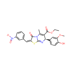 CCOC(=O)C1=C(C)n2c(s/c(=C/c3cccc([N+](=O)[O-])c3)c2=O)=N[C@@H]1c1ccc(O)c(OC)c1 ZINC000008856841