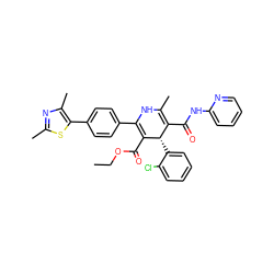 CCOC(=O)C1=C(c2ccc(-c3sc(C)nc3C)cc2)NC(C)=C(C(=O)Nc2ccccn2)[C@@H]1c1ccccc1Cl ZINC000026845175