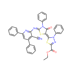 CCOC(=O)C1=NN(c2ccccc2)/C(=C2/S/C(=N\c3nc(-c4ccccc4)cc(-c4ccccc4)c3C#N)N(c3ccccc3)C2=O)S1 ZINC000299863350