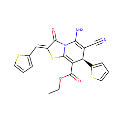 CCOC(=O)C1=c2sc(=Cc3cccs3)c(=O)n2C(N)=C(C#N)[C@H]1c1cccs1 ZINC000254481578