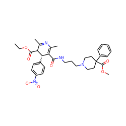 CCOC(=O)C1C(C)=NC(C)=C(C(=O)NCCCN2CCC(C(=O)OC)(c3ccccc3)CC2)[C@@H]1c1ccc([N+](=O)[O-])cc1 ZINC000027563048