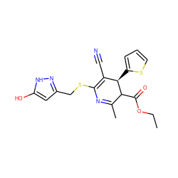 CCOC(=O)C1C(C)=NC(SCc2cc(O)[nH]n2)=C(C#N)[C@H]1c1cccs1 ZINC000101614461