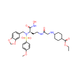 CCOC(=O)C1CCC(NCC(=O)NCC[C@H](C(=O)NO)N(Cc2ccc3c(c2)OCO3)S(=O)(=O)c2ccc(OC)cc2)CC1 ZINC000026254832