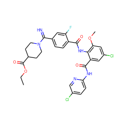 CCOC(=O)C1CCN(C(=N)c2ccc(C(=O)Nc3c(OC)cc(Cl)cc3C(=O)Nc3ccc(Cl)cn3)c(F)c2)CC1 ZINC000036126775